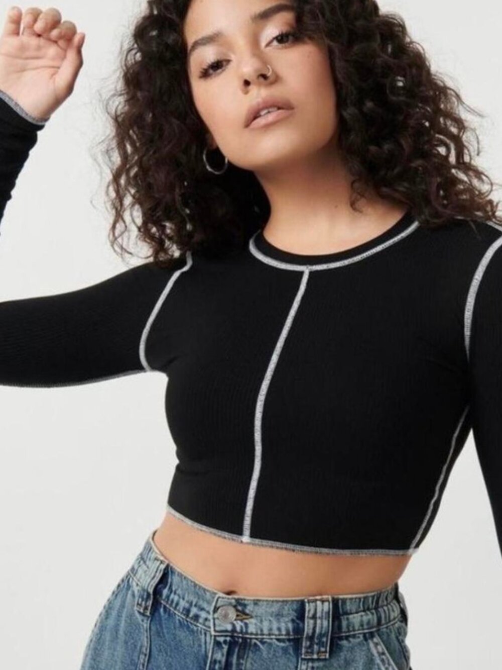 Garage Black Long-Sleeve Crop Top with Contrast Stitching